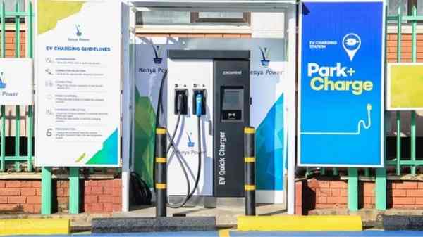 Electric vehicles charging at a public EV charging station in Nairobi, Kenya.
