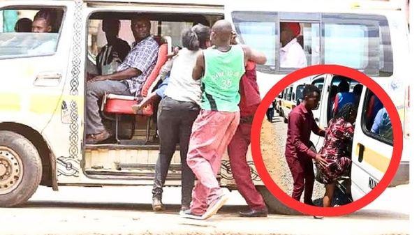 A collage appearing to show a matatu crew confronting a passenger, alongside an inset image of a matatu tout inappropriately touching a female passenger during boarding, illustrating concerns about commuter safety, dignity and accountability in Kenya's public transport sector.