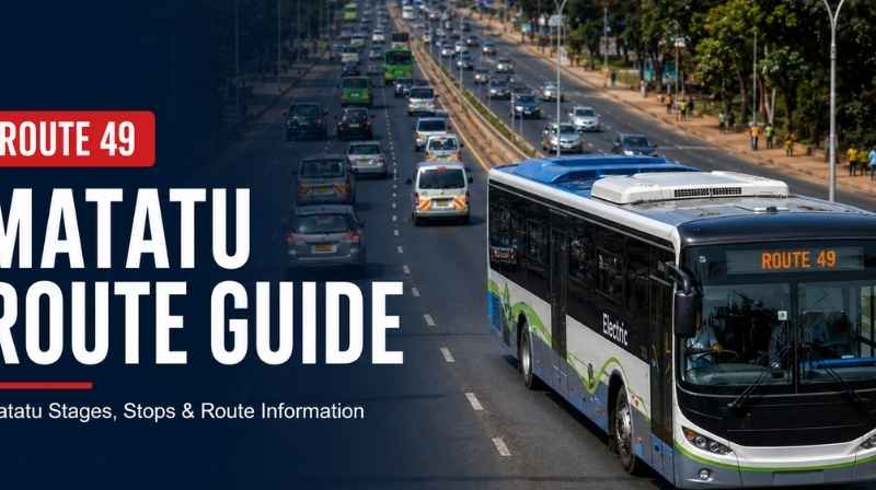 Route 49 Nairobi to Kasarani & Clay City: Matatu Stages, Stops & Route Guide Route 49 electric bus travelling on a busy Nairobi road with other public-service vehicles.