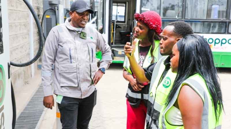 BasiGo Fleet Manager Francis Mungai Takes Metros Kenya Team on Electric Bus Tour BasiGo Fleet Manager Francis Mungai taking the Metros Kenya team on a tour of BasiGo electric bus and fleet operations in Nairobi