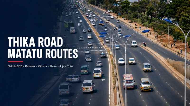 Matatus travelling along Thika Road serving Nairobi CBD, Kasarani, Githurai, Ruiru, Juja and Thika.