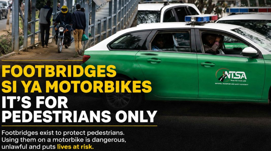 NTSA Footbridge Campaign Sparks Debate on Equal Road Enforcement A composite image showing a boda boda rider using a pedestrian footbridge alongside an NTSA enforcement vehicle, illustrating the debate over unequal road safety enforcement in Kenya.