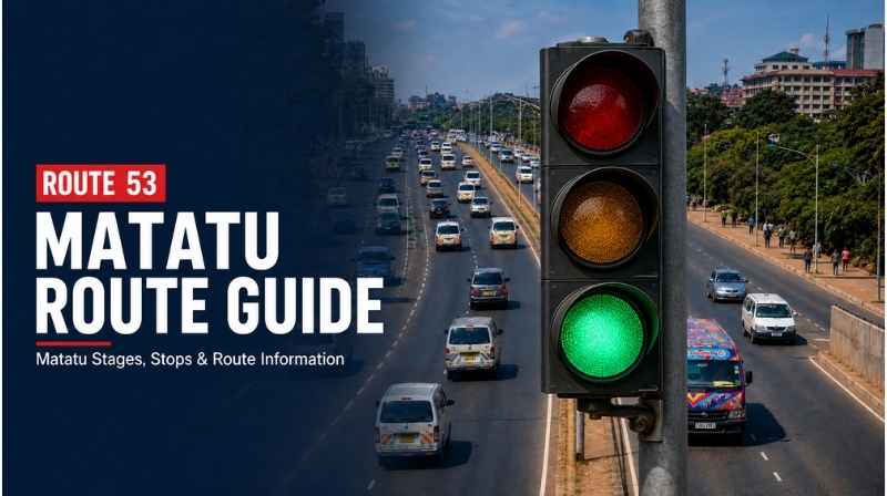 Route 53 Nairobi to Thome & Marurui: Matatu Stages, Stops and Route Guide Route 53 Nairobi matatu guide with a close-up traffic light and matatus travelling on a busy road.