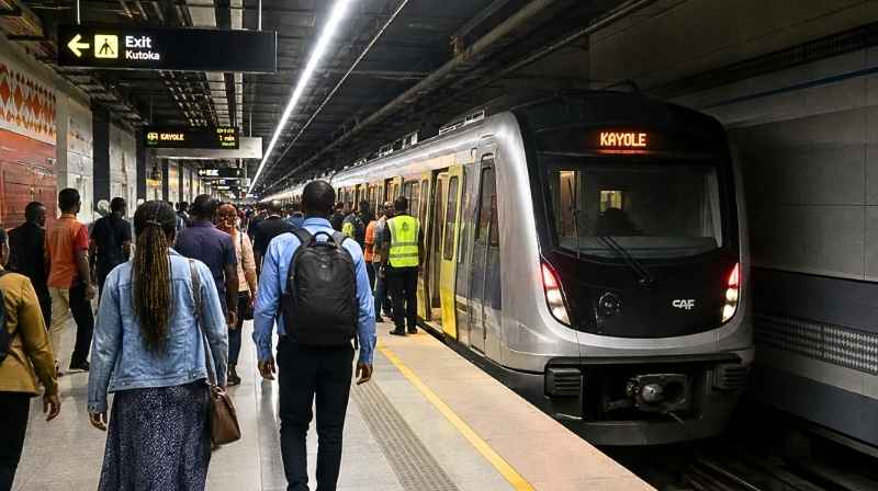 Artist's Impression of Nairobi's Proposed Underground Metro Station Artist's impression of a modern underground metro station in Nairobi with Kenyan commuters boarding an electric metro train during peak hours.