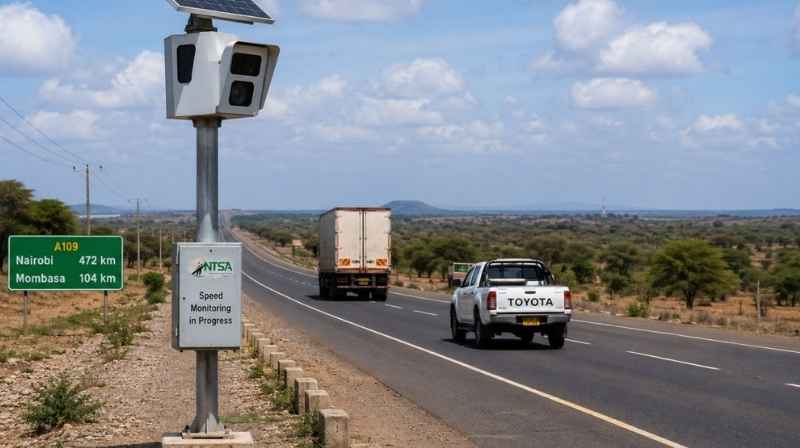 Speed camera monitoring vehicles on a road in Kenya