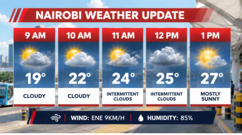 Nairobi seven-day weather forecast from 14 to 20 October 2026 showing daily temperatures, sunshine, clouds and expected rainfall.