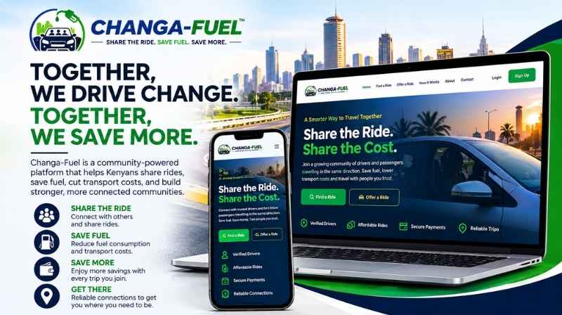 Changa Fuel Kenya – Share the Ride, Share the Cost Changa Fuel Kenya shared mobility platform displayed on a laptop and smartphone, promoting affordable carpooling and fuel cost sharing.